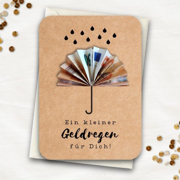 Geldgeschenk Karte mit einem Regenschirm aus einem 50€-Schein und dem Spruch "Ein kleiner Geldregen für dich"