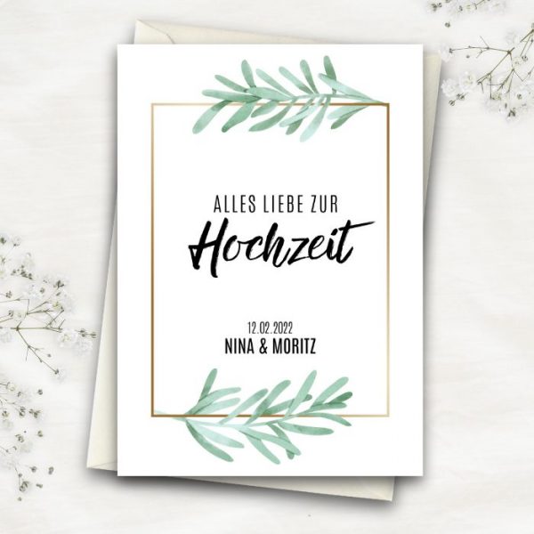 Hochzeitskarte zum Ausdrucken und Personalisieren.
