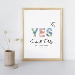 Hochformatiges Poster mit den Namen des Brautpaars und dem Hochzeitsdatum. Oberhalb stehen die Buchstaben "YES". Die Buchstaben wurden ausgeschnitten und hinter ihnen scheinen Geldscheine hindurch.