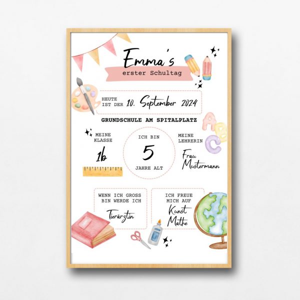 Meilensteinposter als Einschulungsgeschenk für den Schulstart. Buntes Design mit dem Namen des Schulkinds als Titel des Poster.