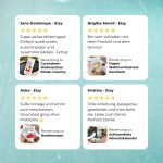 Vier Kundenbewertungen mit fünf Sternen zu weihnachtlichen Pappyra-Druckvorlagen wie Countdown Weihnachten, Rentiernasen, Achtsamkeits-Adventskalender und Gegen Weihnachtsstress Geschenk. Zufriedene Käufer loben Design, Anleitung und einfache Umsetzung.