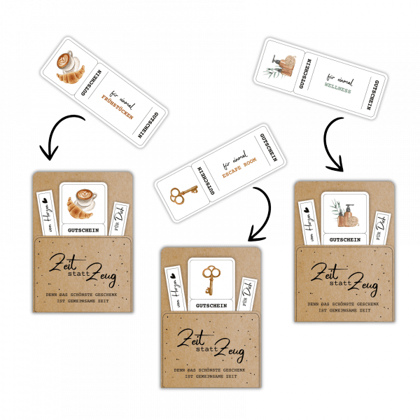 Ideen für den Zeit statt Zeug Gutschein, z.B. einmal Frühstücken, einmal Escape Room oder einmal Wellness