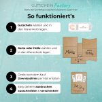 Gutscheingeschenk basteln, so funktioniert's: Gutschein wählen und in den Warenkorb legen. 2. Karte oder Hülle wählen und in den Warenkorb legen 3. Direkt nach dem Kauf Downloadlinks per Mail erhalten 4. Easy daheim ausdrucken, ausschneiden & verschenken!