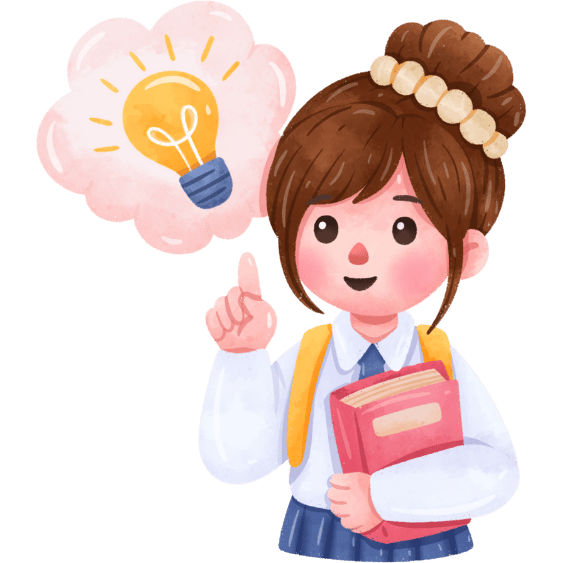 Braunhaariges Mädchen, das eine Idee hat. Mit einer Denkblase, in der eine leuchtende Glühbirne ist.