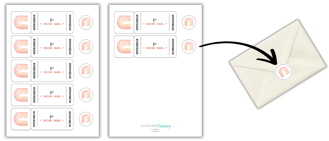 Druckvorlage für den Gutschein als PDF, eine Seite mit 5 Gutscheinen pro Seite, eine Seite mit 2 Gutscheinen pro Seite. Inklusive Vorlage für runden Sticker zum Verzieren eines Briefumschlags.