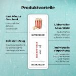 Produktvorteile der Kino Gutschein Vorlage: Last Minute Geschenk - unkompliziert daheim ausdrucken; Zeit statt Zeug - Kreatives Geschenk für gemeinsame Lieblingsmomente; Liebevoller Aquarellstil - zauberhaftes Design, das Lust auf mehr macht; Individuelle Verpackung - mit passenden Gutscheinkarten und -hüllen kombinierbar