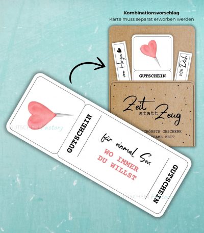 Gutschein für Paare zum Ausdrucken. Auf dem Gutschein steht "für einmal Sex wo immer du willst"