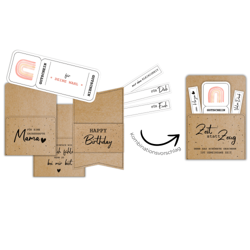 Kombiniere einen Gutschein deiner Wahl mit einer passenden Karte, die es zu unterschiedlichen Geschenkanlässen gibt, z.B. Muttertag, Valentinstag oder Geburtstag.