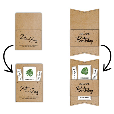 Kombiniere den Botanischer Garten Gutschein mit einer passenden Gutscheinkarte oder -hülle aus meinem Shop. Hier im Beispiel steht auf der Gutscheinverpackung "Zeit statt Zeug. Denn das schönste Geschenk ist gemeinsame Zeit."