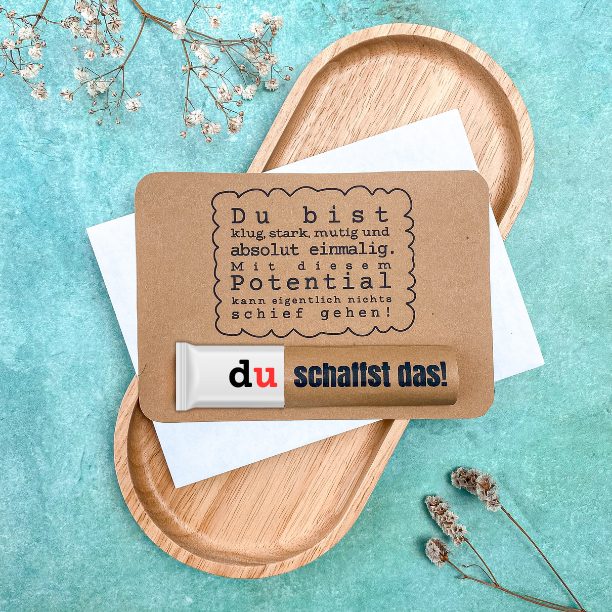 Geschenke zum Ausdrucken zur Prüfung - Karte mit Duplo und "Du schaffst das" Spruch