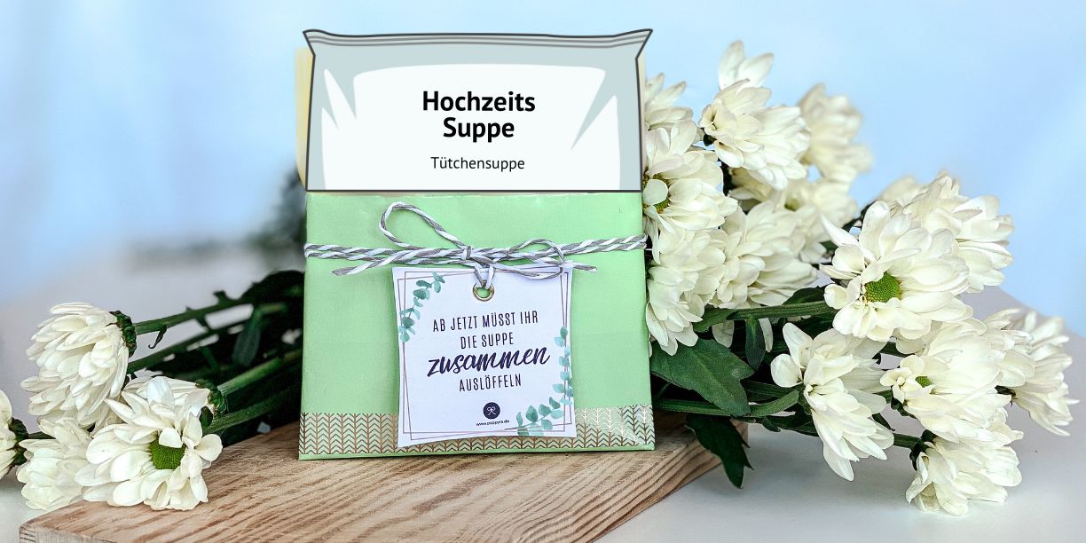 Geschenke zum Ausdrucken zur Hochzeit - Ab jetzt müsst ihr die Suppe gemeinsam auslöffeln Anhänger.