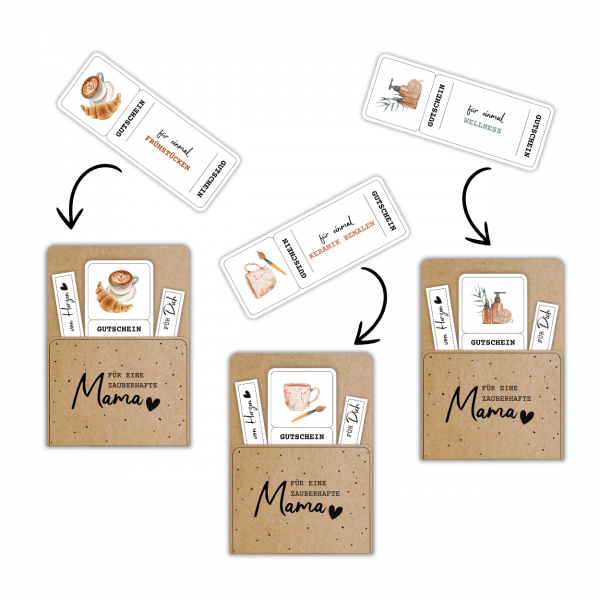 Gutscheinideen, mit welchen die Muttertag Gutschein Vorlage kombiniert werden kann: einmal Frühstücken, Keramik bemalen, Wellness
