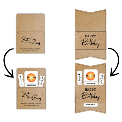 Kombiniere die Sonnenuntergang Gutschein Vorlage mit einer passenden Gutscheinkarte oder -hülle aus meinem Shop. Hier im Beispiel steht auf der Gutscheinverpackung "Zeit statt Zeug. Denn das schönste Geschenk ist gemeinsame Zeit."