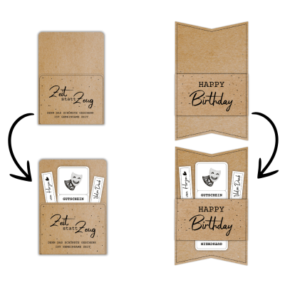 Kombiniere den Theater Gutschein mit einer passenden Gutscheinkarte oder -hülle aus meinem Shop. Hier im Beispiel steht auf der Gutscheinverpackung "Zeit statt Zeug. Denn das schönste Geschenk ist gemeinsame Zeit."