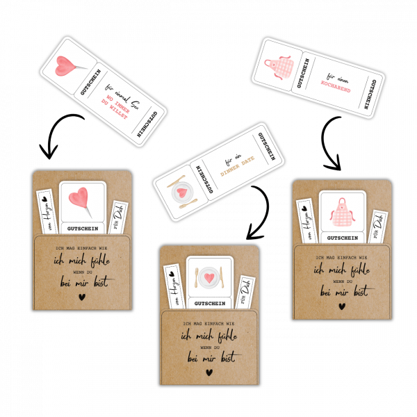 Gutscheinideen, mit welchen die Valentinstag Gutschein Vorlage kombiniert werden kann: einmal Sex wo immer du willst, ein Dinner Date, ein Kochabend