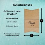 Gutschein verpacken mit der Gutscheinhülle. Die Abmessungen der Hülle für den Gutschein sind 19x12cm.