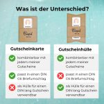 Unterschied zwischen Gutscheinkarte und Gutscheinhülle: Die Gutscheinehülle kann als Hülle für einen DIN lang Gutschein verwendet werden. Dafür passt die Gutscheinkarte in einen DIN C6 Briefumschlag