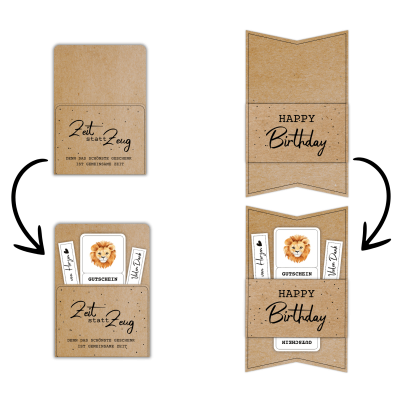 Kombiniere den Zoo Gutschein zum Ausdrucken mit einer passenden Gutscheinkarte oder -hülle aus meinem Shop. Hier im Beispiel steht auf der Gutscheinverpackung "Zeit statt Zeug. Denn das schönste Geschenk ist gemeinsame Zeit."