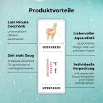 Produktvorteile der Alpaka Wanderung Gutschein Vorlage: Last Minute Geschenk – unkompliziert daheim ausdrucken; Zeit statt Zeug – Kreatives Geschenk für gemeinsame Lieblingsmomente; Liebevoller Aquarellstil – zauberhaftes Design, das Lust auf mehr macht; Individuelle Verpackung – mit passenden Gutscheinkarten und -hüllen kombinierbar