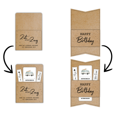 Kombiniere die Camping Gutschein zum Ausdrucken Vorlage mit einer passenden Gutscheinkarte oder -hülle aus meinem Shop. Hier im Beispiel steht auf der Gutscheinverpackung "Zeit statt Zeug. Denn das schönste Geschenk ist gemeinsame Zeit."