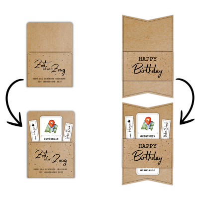 Kombiniere die Geocaching Gutschein Vorlage mit einer passenden Gutscheinkarte oder -hülle aus meinem Shop. Hier im Beispiel steht auf der Gutscheinverpackung „Zeit statt Zeug. Denn das schönste Geschenk ist gemeinsame Zeit.“
