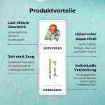 Produktvorteile der Geocaching Gutschein Vorlage: Last Minute Geschenk – unkompliziert daheim ausdrucken; Zeit statt Zeug – Kreatives Geschenk für gemeinsame Lieblingsmomente; Liebevoller Aquarellstil – zauberhaftes Design, das Lust auf mehr macht; Individuelle Verpackung – mit passenden Gutscheinkarten und -hüllen kombinierbar