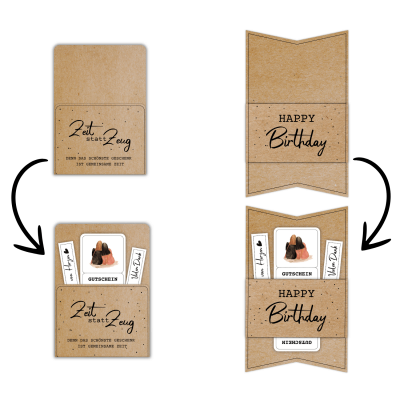 Kombiniere die Gutschein Mädelstag Vorlage mit einer passenden Gutscheinkarte oder -hülle aus meinem Shop. Hier im Beispiel steht auf der Gutscheinverpackung „Zeit statt Zeug. Denn das schönste Geschenk ist gemeinsame Zeit.“