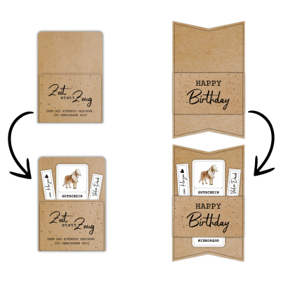 Kombiniere die Gutschein Ponyreiten Vorlage mit einer passenden Gutscheinkarte oder -hülle aus meinem Shop. Hier im Beispiel steht auf der Gutscheinverpackung „Zeit statt Zeug. Denn das schönste Geschenk ist gemeinsame Zeit.“