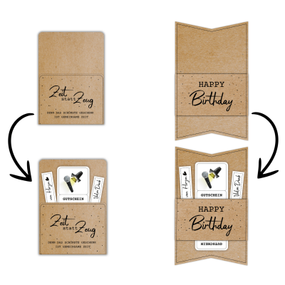 Kombiniere die Gutschein Vorlage Konzert zum Ausdrucken mit einer passenden Gutscheinkarte oder -hülle aus meinem Shop. Hier im Beispiel steht auf der Gutscheinverpackung "Zeit statt Zeug. Denn das schönste Geschenk ist gemeinsame Zeit."