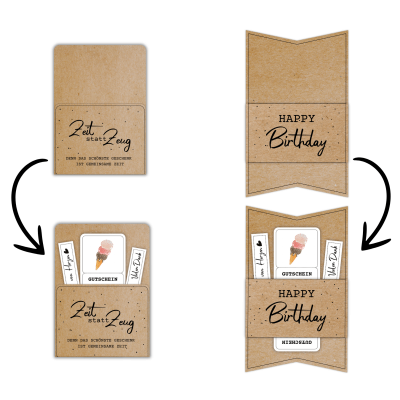 Kombiniere die Gutschein Eis essen Vorlage mit einer passenden Gutscheinkarte oder -hülle aus meinem Shop. Hier im Beispiel steht auf der Gutscheinverpackung "Zeit statt Zeug. Denn das schönste Geschenk ist gemeinsame Zeit."