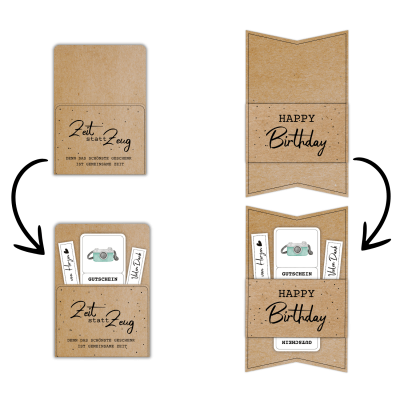 Kombiniere die Sightseeing Gutschein Vorlage mit einer passenden Gutscheinkarte oder -hülle aus meinem Shop. Hier im Beispiel steht auf der Gutscheinverpackung "Zeit statt Zeug. Denn das schönste Geschenk ist gemeinsame Zeit."