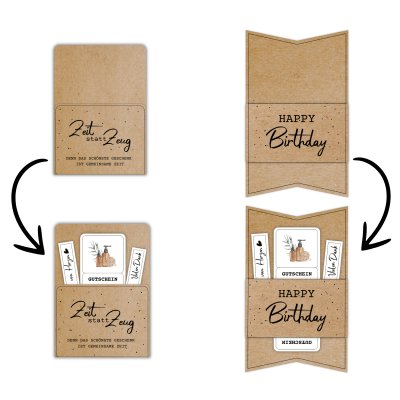 Kombiniere die Wellness Gutschein Vorlage mit einer passenden Gutscheinkarte oder -hülle aus meinem Shop. Hier im Beispiel steht auf der Gutscheinverpackung "Zeit statt Zeug. Denn das schönste Geschenk ist gemeinsame Zeit."
