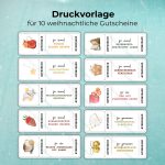 Printable Weihnachtsgutscheine im Bundle ‚Gemütlich & kreativ‘ – PDF Druckvorlage mit Gutscheinen wie ‚Punsch selber machen‘, ‚Papiersterne basteln‘, ‚Weihnachtskarten basteln‘, ‚Lebkuchenhaus verzieren‘, ‚heiße Schokolade mit Sahne‘ oder ‚Wunschzettel schreiben‘.
