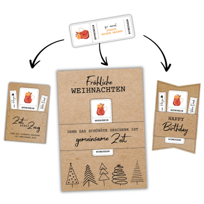 Beispiel zur Verwendung der Weihnachts-Gutschein Druckvorlagen: kombinierbar mit Gutscheinkarte ‚Zeit statt Zeug‘, Gutscheinposter ‚Fröhliche Weihnachten – Denn das schönste Geschenk ist gemeinsame Zeit‘ oder Karten wie ‚Happy Birthday‘. Kreative Geschenkideen zum Ausdrucken und Verschenken.