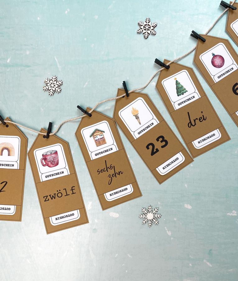 Adventskalender gefüllt mit Gutscheinen für mehr Zeit statt Zeug.