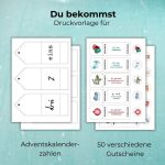 Gutschein Adventskalender als liebevoll gestaltete Vorlage mit Zahlenkarten und Gutscheinen zum Ausdrucken und Ausschneiden.