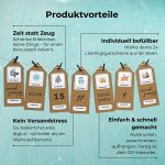 Übersicht der Vorteile des Adventskalenders zum Ausdrucken: individuell befüllbar, liebevoll gestaltet und sofort einsatzbereit.