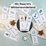 Adventskalender-Vorlage mit Gutscheinideen für draußen – wie Schneespaziergänge, Schlitten fahren oder Lagerfeuer im Winter.