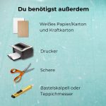 Übersicht über das benötigte Material für den Adventskalender zum Selbermachen: Weißes Papier bzw. Karton, Kraftkarton, Drucker, Schere & Bastelskalpell bzw. Teppichmesser.
