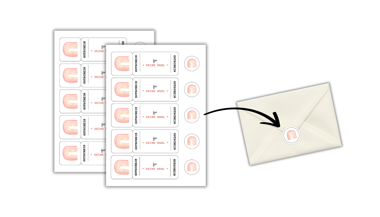 Druckvorlage für das Gutschein Bundle enthält fünf Gutscheine pro DIN A4 Seite inkl. rundem Sticker pro Gutschein zum Verzieren eines Briefumschlags