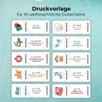 „Druckvorlage für 10 weihnachtliche Gutscheine: Glühwein, Weihnachtsfilm anschauen, Weihnachtsbaum schmücken, Plätzchen backen, Winterspaziergang, Weihnachtsmarkt-Bummel, gebrannte Mandeln selber machen, Schlittschuh laufen, Schlitten fahren, Kakao mit Marshmallows.“