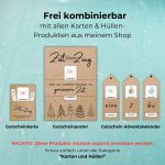 Gutschein-Vorlagen zu Weihnachten frei kombinierbar: Gutscheinposter mit ‚Zeit statt Zeug – Denn das schönste Geschenk ist gemeinsame Zeit‘, Karten und Adventskalender mit Zahlenhüllen. Hinweis: Produkte müssen separat erworben werden