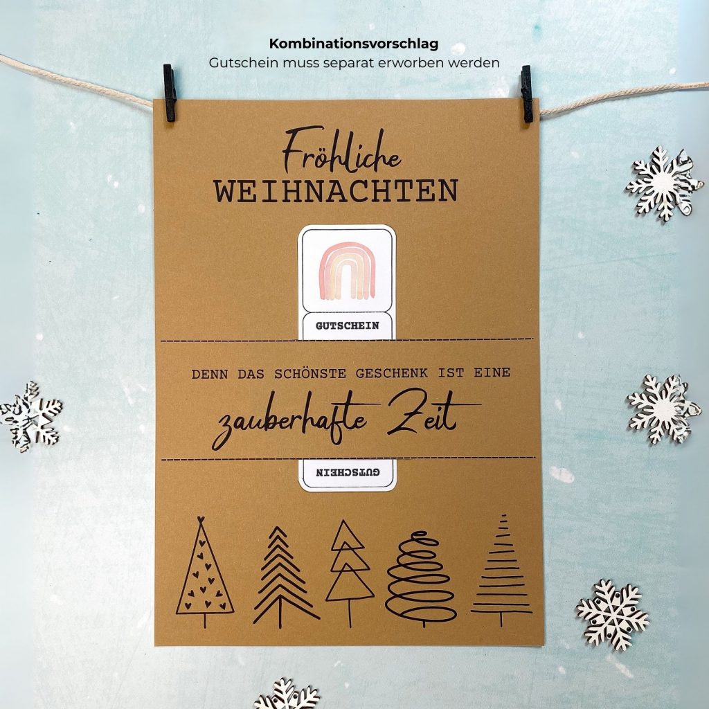 Kombinationsvorschlag: Gutscheinposter „Fröhliche Weihnachten – Denn das schönste Geschenk ist eine zauberhafte Zeit“. Gedruckt auf Kraftkarton mit Gutscheinfach, dekoriert mit Schneeflocken. PDF Druckvorlage zum Gutschein verpacken Weihnachten – persönliche Geschenkidee zum selber drucken.