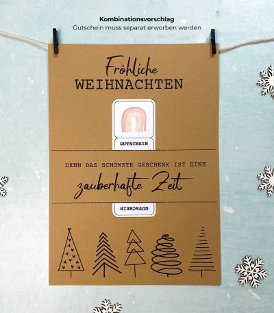Kombinationsvorschlag: Gutscheinposter „Fröhliche Weihnachten – Denn das schönste Geschenk ist eine zauberhafte Zeit“. Gedruckt auf Kraftkarton mit Gutscheinfach, dekoriert mit Schneeflocken. PDF Druckvorlage zum Gutschein verpacken Weihnachten – persönliche Geschenkidee zum selber drucken.