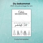 Du bekommst eine PDF Druckvorlage für ein Gutscheinposter mit Text „Fröhliche Weihnachten – Denn das schönste Geschenk ist eine zauberhafte Zeit“. Gutschein verpacken Weihnachten mit dieser Vorlage ganz einfach selber machen und daheim drucken.