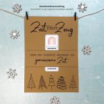 Kombinationsvorschlag: Gutscheinposter „Zeit statt Zeug – Denn das schönste Geschenk ist gemeinsame Zeit“. Gedruckt auf Kraftkarton mit Gutscheinfach, dekoriert mit Schneeflocken. Weihnachten Zeit schenken als PDF Druckvorlage zum Selbermachen.