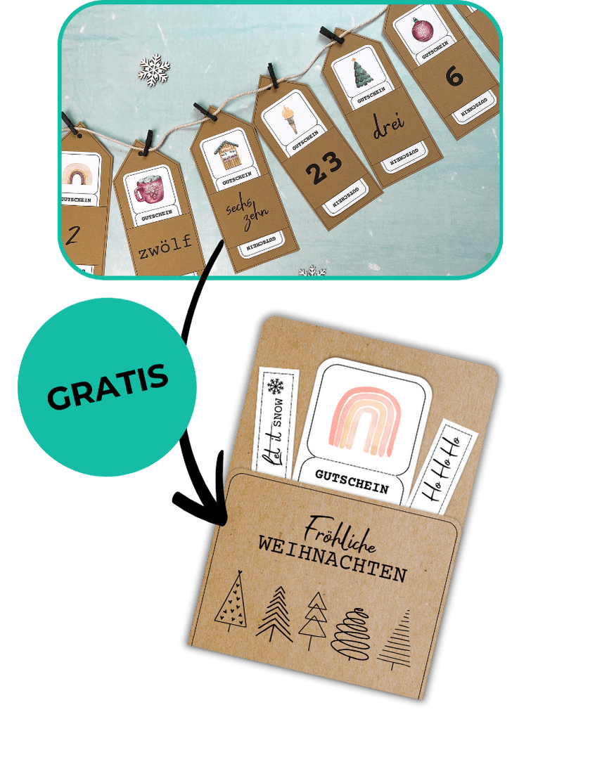 Gutschein Adventskalender mit 24 Anhängern aus braunem Kraftpapier, nummeriert und mit weihnachtlichen Illustrationen wie Tasse, Tannenbaum und Christbaumkugel. Daneben im Kreis das Wort „GRATIS“ und eine Karte mit der Aufschrift „Fröhliche Weihnachten“ und einem Regenbogenmotiv, die als kostenloses Extra enthalten ist. Perfekte Druckvorlage zum Basteln und Verschenken in der Adventszeit.
