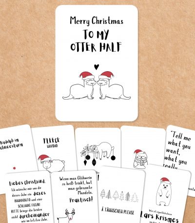 Set aus zehn humorvollen Weihnachtskarten mit Sprüchen wie „Merry Christmas to my otter half“ und minimalistischen Illustrationen. Perfekt zum Ausdrucken und Verschenken.