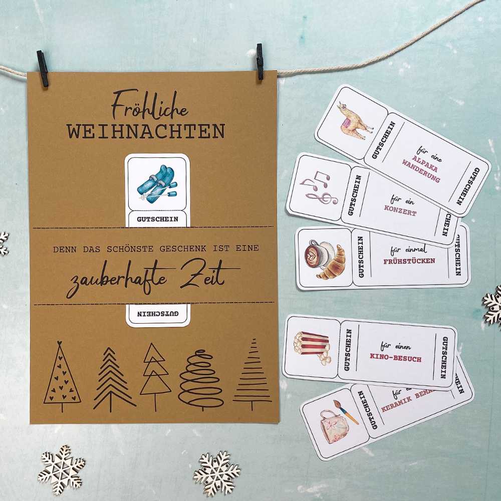 Weihnachtliches Gutscheinposter aus Kraftpapier mit „Fröhliche Weihnachten“ und Zeit statt Zeug Gutschein. Daneben verschiedene Erlebnisgutscheine wie Frühstück, Konzert oder Keramik bemalen.