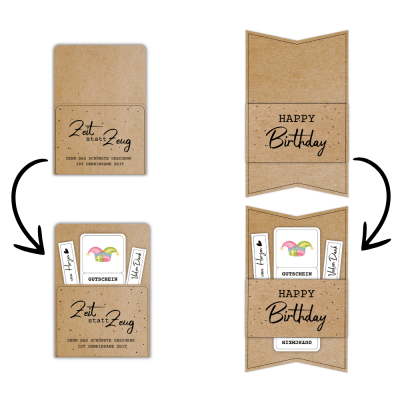 Kombiniere die Karneval Gutschein Vorlage mit einer passenden Gutscheinkarte oder -hülle aus meinem Shop. Hier im Beispiel steht auf der Gutscheinverpackung „Zeit statt Zeug. Denn das schönste Geschenk ist gemeinsame Zeit.“